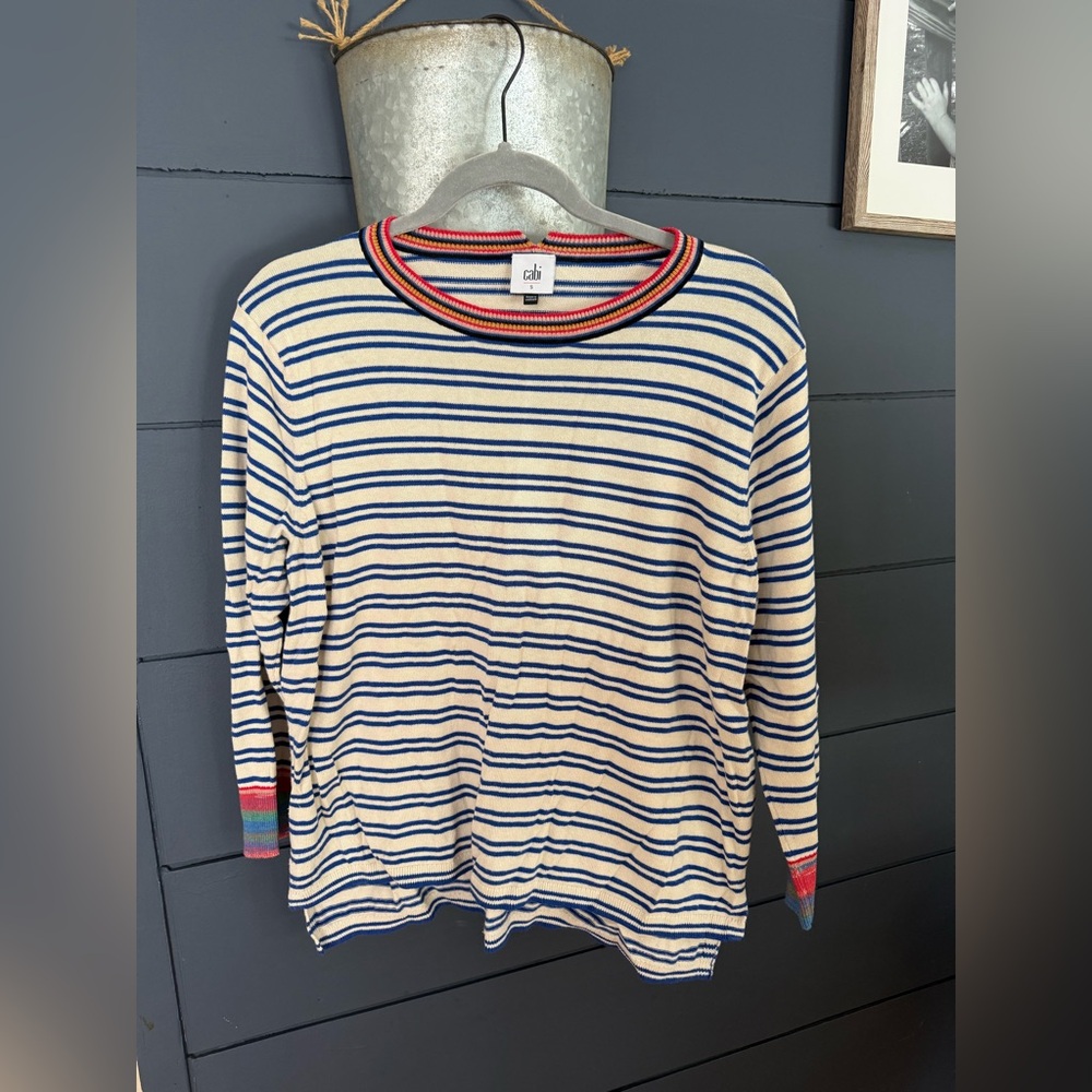 Cabi Cadet Pullover Striped Sweater blue multi color lightweight small